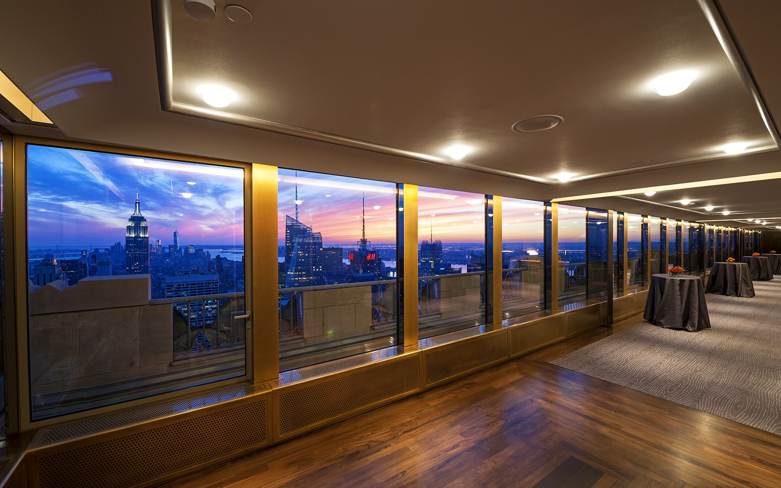 The Rainbow Room with Manhattan skyline at sunset