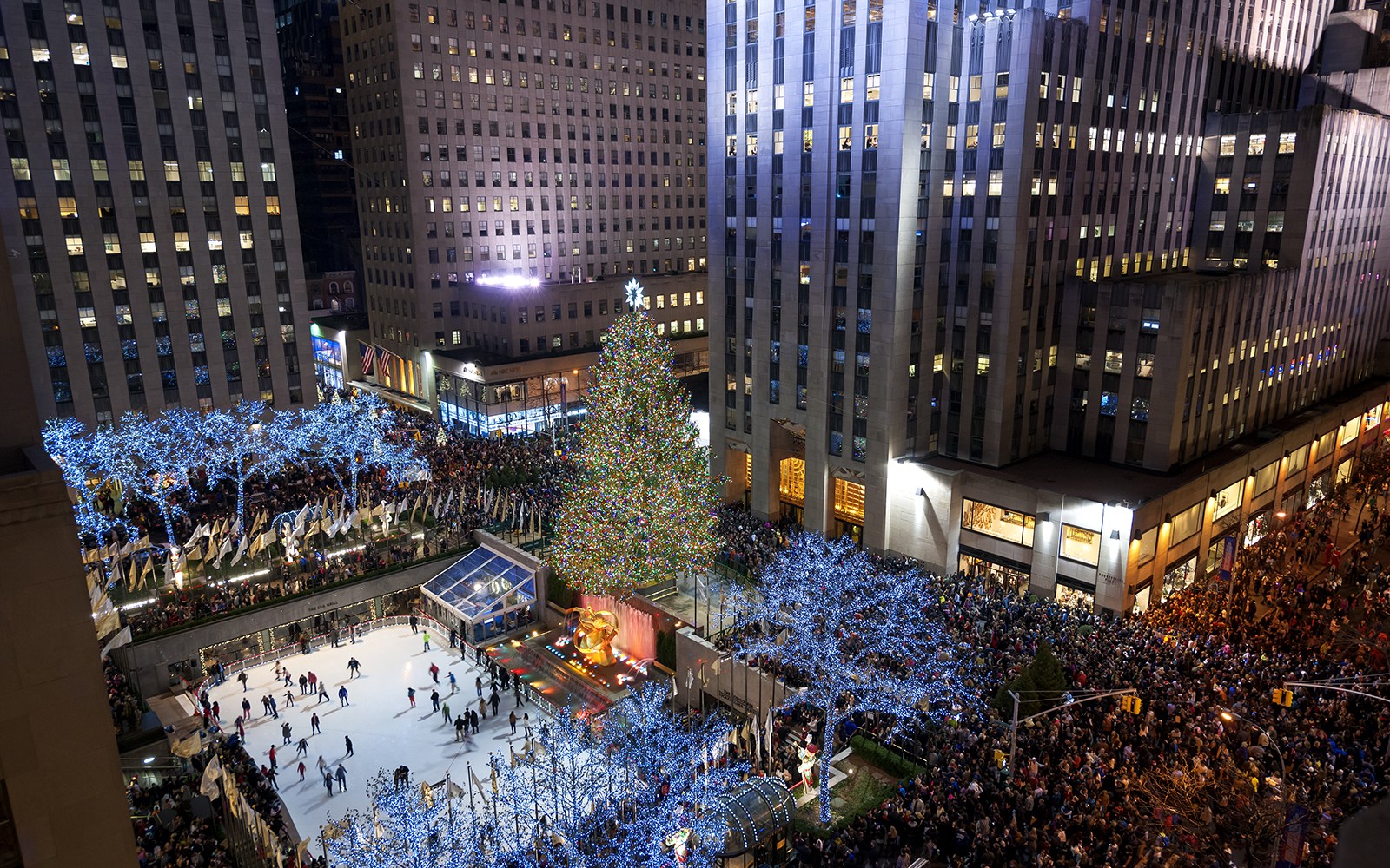 Aerial view of the Rockefeller Center Tree Lighting ceremony