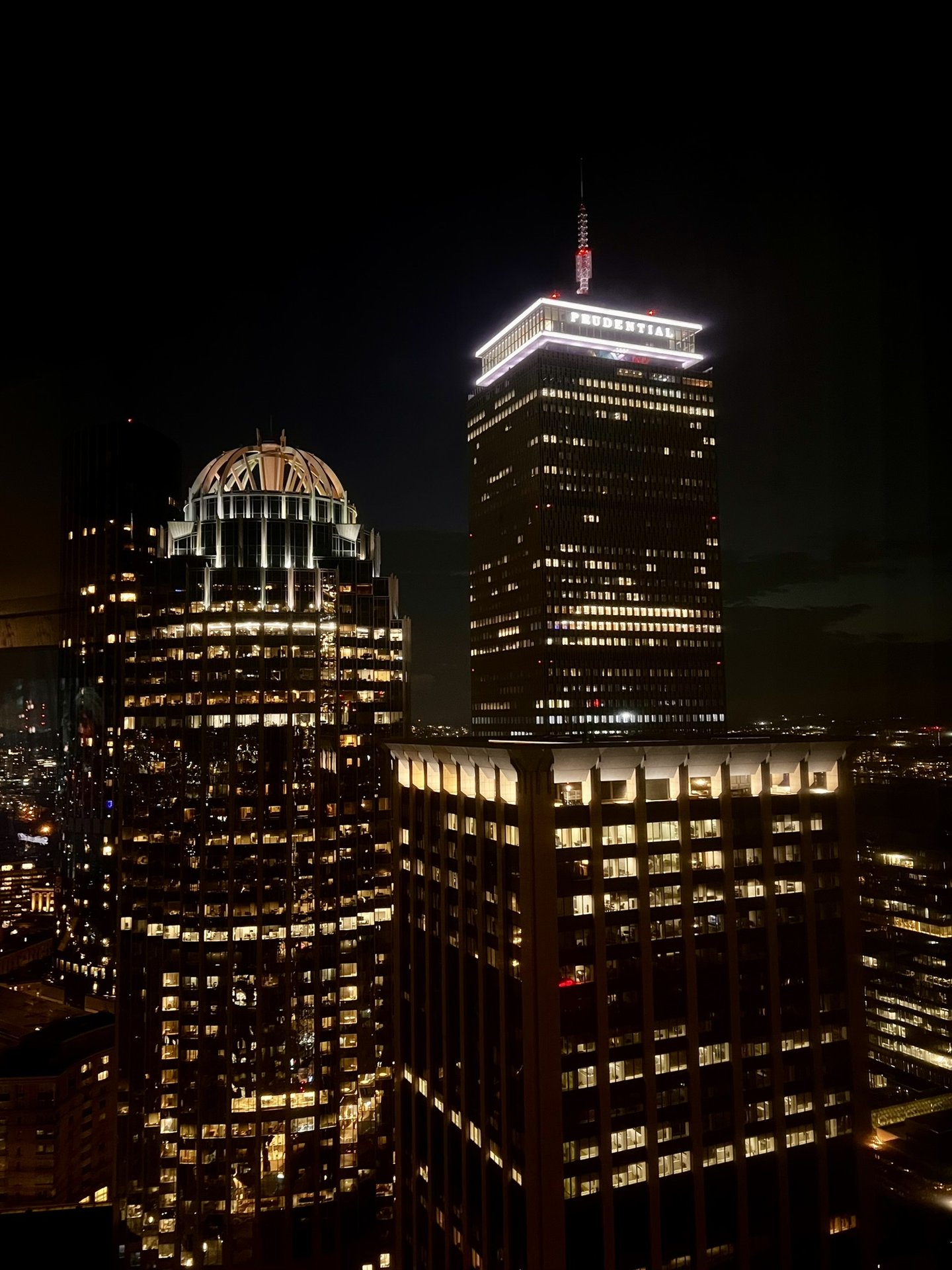 View Boston night view of Boston skyline and Prudential Tower